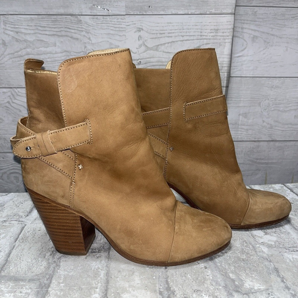 WOMENS RAG AND BONE SUEDE ZIP ANKLE WRAP STRAP HARROW BOOTIE TAN~ SIZE 8.5-9EU39